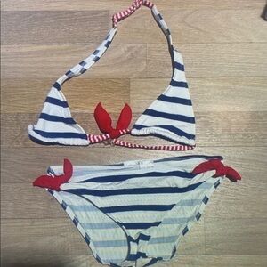 Striped Blue and White Kids Bikini with Red Accents